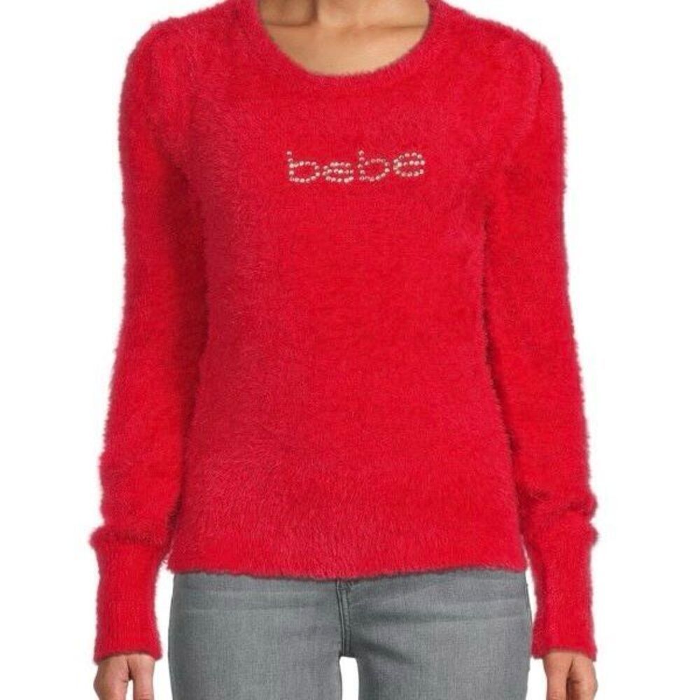 BEBE Rhinestones Embellished Logo Red Fuzzy Sweater Top New